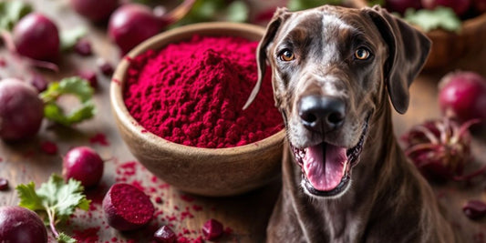Great Dane with beet root powder and fresh beets.