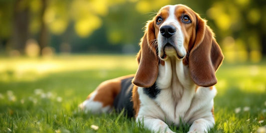 Basset Hound resting on grass, highlighting healthy elbows.
