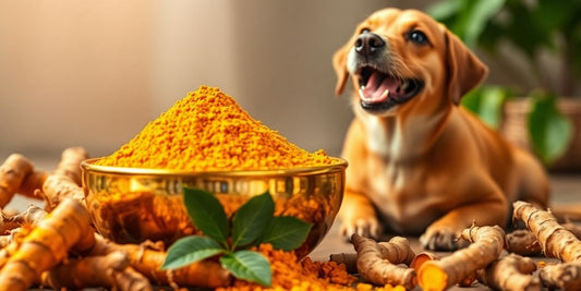 Turmeric powder and roots with a happy dog.