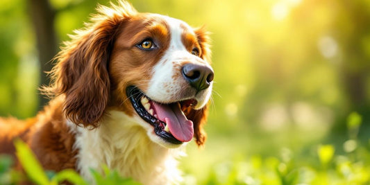 Senior Brittany Spaniel playing energetically in nature.