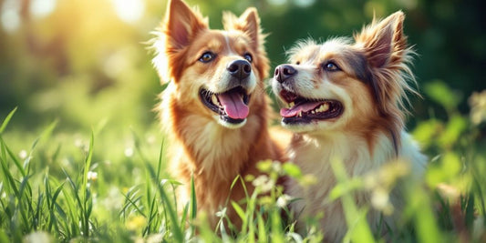 Happy dog in nature with ashwagandha root.