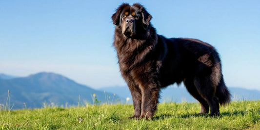 Tibetan Mastiff on a hill, looking healthy and strong.