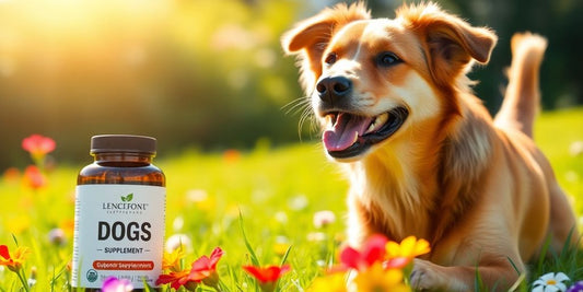 Happy dog outdoors with vitality supplement bottle nearby.