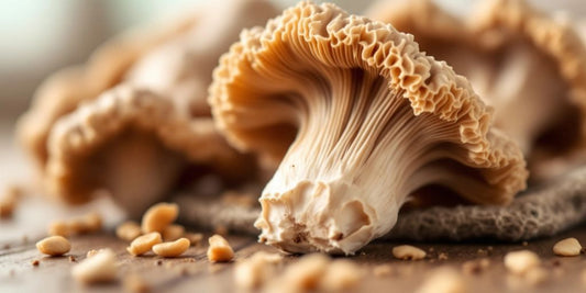 Maitake mushrooms on a wooden surface, showcasing their texture.