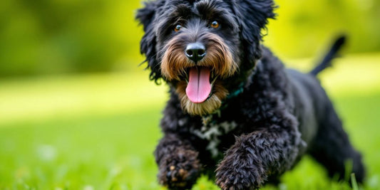 Healthy Portuguese Water Dog playing outdoors with energy.