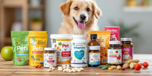 Colorful pet supplements on a wooden surface with a pet.