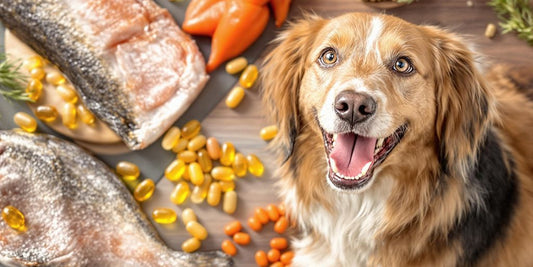 Happy dog with fish oil capsules and fresh fish.