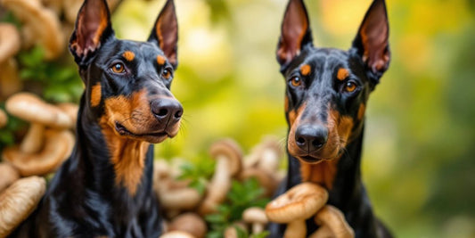 Doberman Pinscher with shiitake mushrooms in a natural setting.