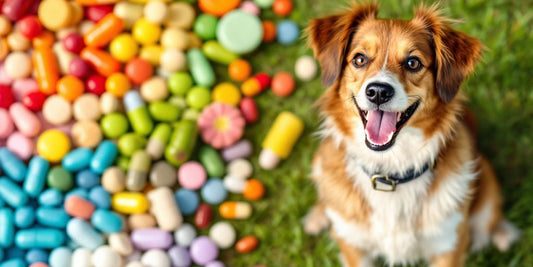 Happy dog with colorful vitamins on green grass.