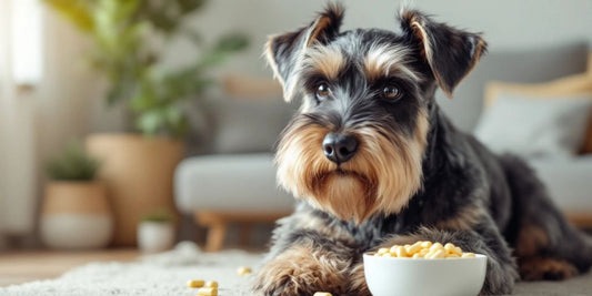 Schnauzer dog with pancrelipase capsules in a cozy setting.