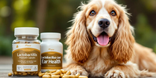 Cocker Spaniel with healthy ears and probiotic capsules.