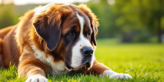 Saint Bernard dog resting in a green field.
