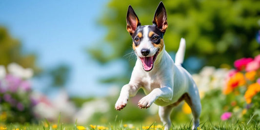 Smooth Fox Terrier playing in a sunny park.