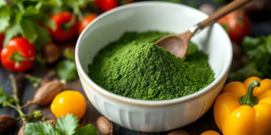 Vegan dog enjoying a meal with spirulina and vegetables.
