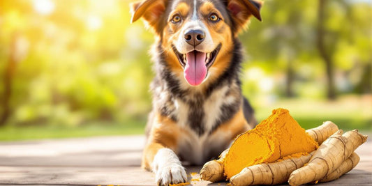 Fresh turmeric root with a joyful dog outdoors.
