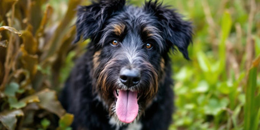 Bouvier des Flandres with kelp in a natural setting.