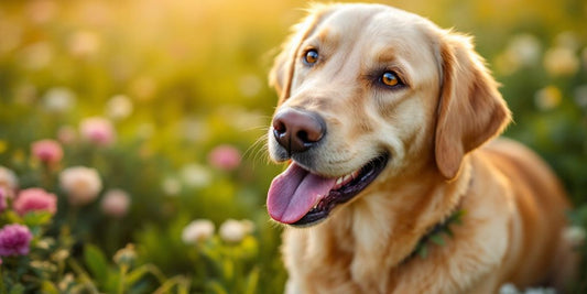 Happy Labrador Retriever in a sunny grassy field.