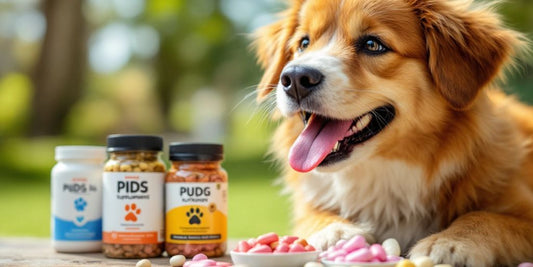 Happy dog with colorful supplements in a natural setting.