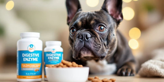 French Bulldog with food and digestive enzyme supplements.