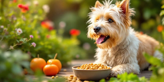 Soft Coated Wheaten Terrier with food and greenery.