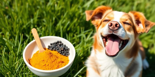 Bowl of turmeric and black pepper with a happy dog.