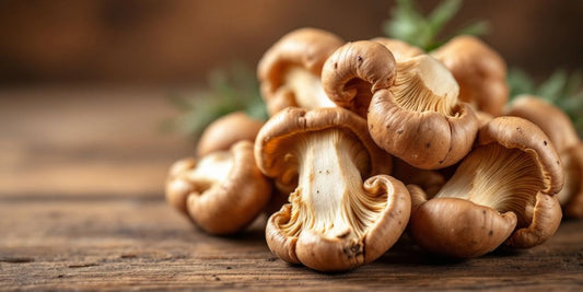 Fresh shiitake mushrooms on a wooden surface.