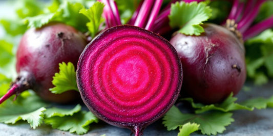 Fresh beetroot with green leaves, highlighting antioxidant properties.
