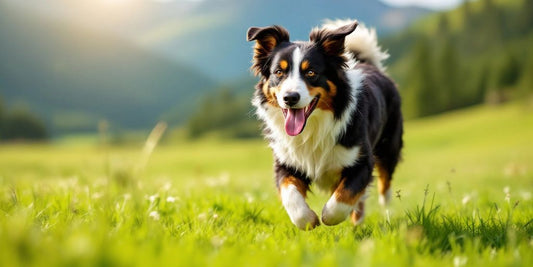 Border Collie running energetically in a green field.