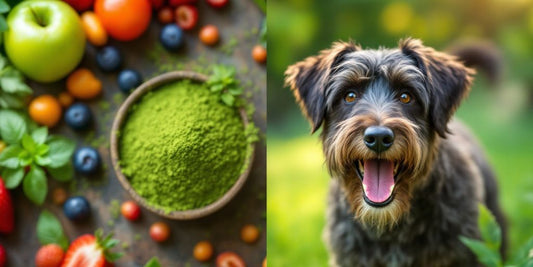 Wirehaired Pointing Griffon with spirulina and fresh fruits.