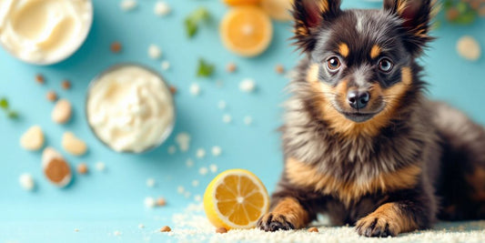 Schipperke dog with probiotics and yogurt ingredients.