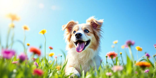 Happy dog playing in a sunny green field.