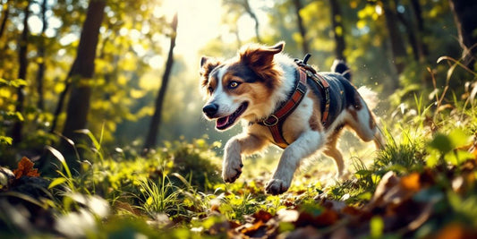 Hunting dog running through a forest, showcasing agility.