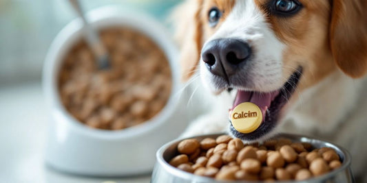 Dog chewing a calcium pill with food and water.