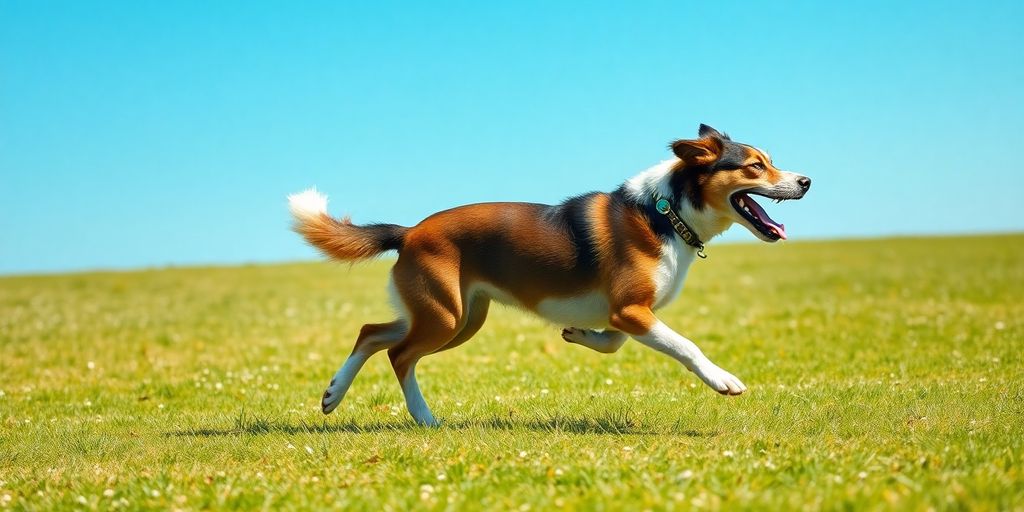 Happy dog running in a green field.