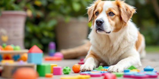 Elderly dog playing with toys in a green outdoor setting.