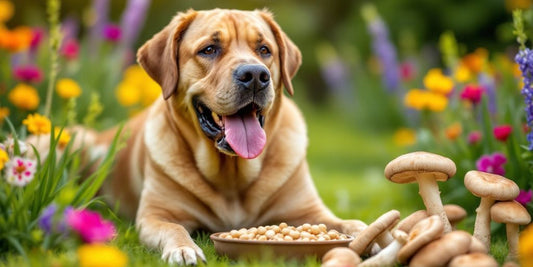 Mastiff with turkey tail prebiotics in a grassy setting.