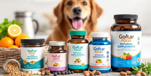 Colorful dog food supplements with a happy dog in background.