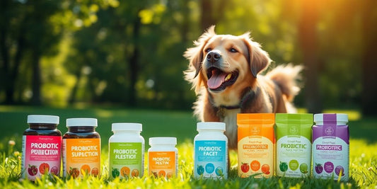 Happy dog with probiotics in a sunny park.