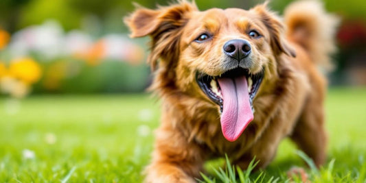 Happy dog playing in a green field.