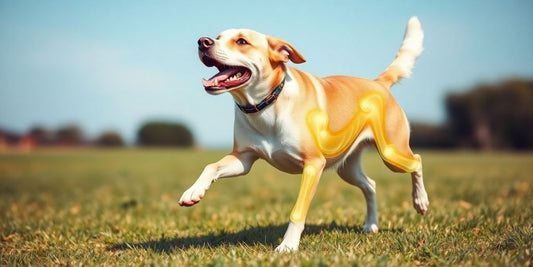 Happy dog playing on grass, illustrating strong health.