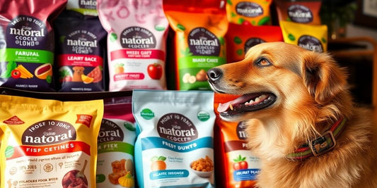 Happy dog near colorful natural dog food bags.