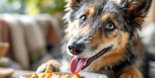 Swedish Vallhund eating food with papain enrichment.
