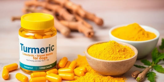 Turmeric capsules with fresh turmeric roots and powder.