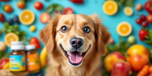 Happy dog with vitamins and fresh fruits around it.