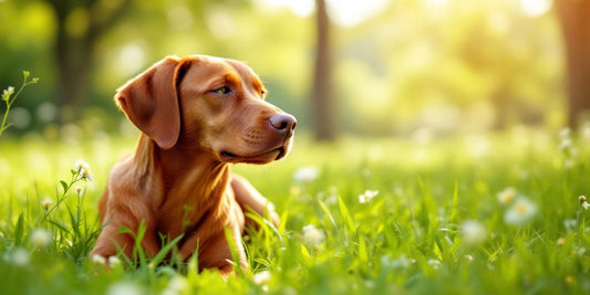 A relaxed Vizsla in a green field.