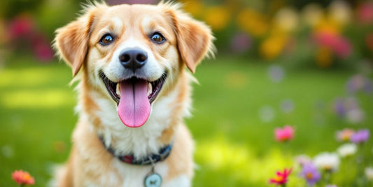 Happy dog with fresh breath outdoors in green grass.