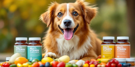 Happy dog with multivitamins in a natural setting.