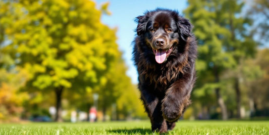 Newfoundland dog running in a green park.
