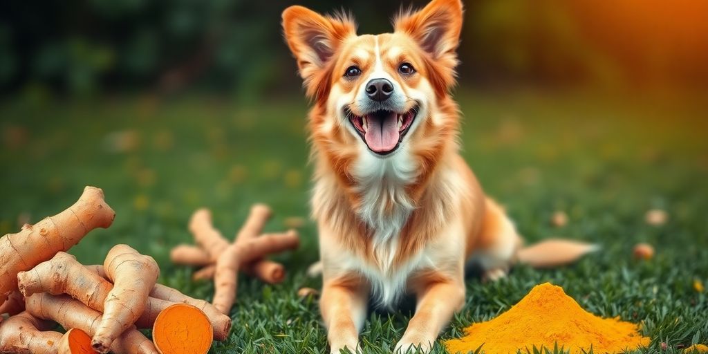 Happy dog with turmeric roots and powder on grass.