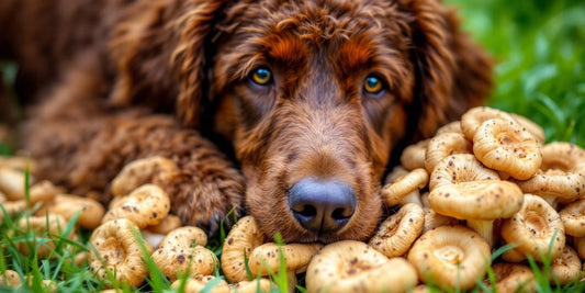 Curly Coated Retriever with shiitake mushrooms in grass.